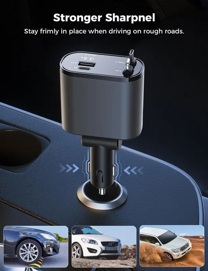 Retractable Car Charger, 4 in 1 Fast Car Phone Charger 60W, Retractable Cables and USB Car Charger,Compatible with Iphone 15/14/13/12/11,Galaxy,Pixel